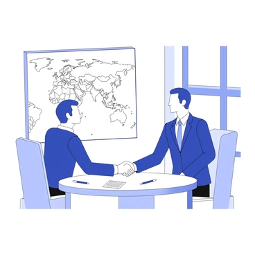 Two diplomats are shaking hands in a conference room. They are dressed in formal suits, one diplomat looks slightly taller than the other. Behind them, there is a large world map displayed on the wall, highlighting various countries and continents. A round table is in front of them, with papers and pens scattered across its surface. The room has neutral-colored walls and a few chairs arranged around the table. Bright overhead lights illuminate the scene, reflecting off a window that is partially visible in the background.