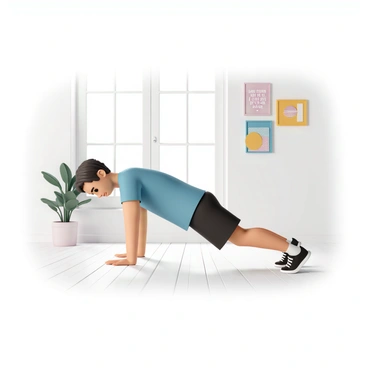 A person, wearing a blue athletic shirt and black shorts, is holding a plank position on a light-colored hardwood floor in a bright living room. The person has a focused expression and is balancing on their forearms and toes. Surrounding them, the room features a large window allowing natural light to flood in, illuminating the space. On the walls, there are several "motivational quotes" framed and arranged in an aesthetically pleasing manner, with vibrant colors that contrast against the neutral tones of the room. A small plant is placed in the corner, adding a touch of greenery to the setting.