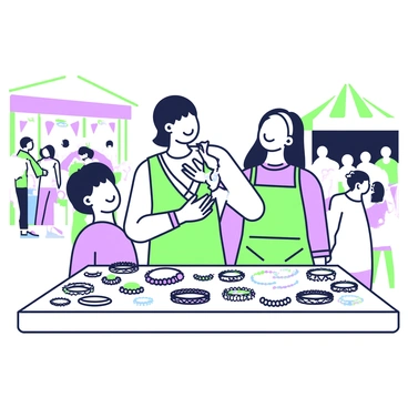 An artisan vendor is standing behind a wooden display table at a craft fair. The table is covered with an array of handmade jewelry, including necklaces, bracelets, and earrings. Each piece is intricately designed, showcasing various materials like beads, metal, and gemstones. The vendor, wearing a colorful apron, is smiling as they interact with a customer who is admiring a silver necklace. In the background, there are other vendor stalls with colorful banners and a crowd of people walking through the fair, enjoying the vibrant atmosphere.