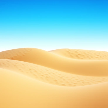 A landscape featuring waves of rippling sand dunes. The sand dunes are light beige, displaying intricate patterns formed by the wind. Above, a bright blue sky stretches endlessly, creating a stark contrast with the warm tones of the dunes. The sunlight casts soft shadows across the undulating surface of the sand, emphasizing the texture and shape of the dunes.