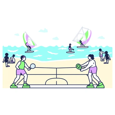 A beachside pickleball match is taking place on a sandy court. Two players are positioned on opposite sides, one poised to serve, wearing a light athletic outfit and holding a paddle. The net is clearly visible in the center of the court. In the background, several windsurfers are skillfully riding waves on colorful boards. The ocean is vibrant with rolling waves, and the windsurfers are captured in various dynamic poses, showcasing their sails catching the wind. The scene is filled with the energy of both the match and the water sports, with beachgoers watching from a distance.