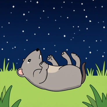 A small shrew with soft, gray fur is lying on its back in a grassy field. Its tiny paws are pointed upward, and its eyes are wide open, reflecting the light from the twinkling stars above. The night sky is filled with numerous stars, creating a sparkling backdrop. The shrew's small ears are perked up, indicating its curiosity. In the foreground, blades of grass gently sway, framing the scene with vibrant green hues. The shrew’s whiskers slightly twitch as it gazes at the celestial display.