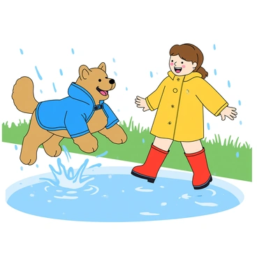 A playful dog with a fluffy coat of golden fur is jumping excitedly in a splash of water. The dog wears a bright blue raincoat that shines with droplets of rain. Next to the dog, a young girl with light skin and brown hair is wearing a vibrant yellow raincoat that contrasts with her red rubber boots. She is laughing joyfully as she leaps into a puddle, sending water droplets flying in all directions. The scene is lively, with splashes and reflections creating a fun atmosphere. In the background, there are hints of grassy areas and a few trees blurred by rain.