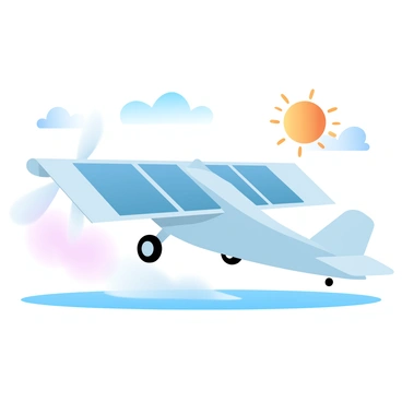 A small airplane is taking off with its wings featuring large solar panels. The airplane is positioned on a runway with the sun shining brightly in the background. The wheels are just leaving the ground, creating a trail of dust. The solar panels are shining, reflecting the sunlight. The sky is filled with gradient pastel colors transitioning from soft blues to warm oranges.