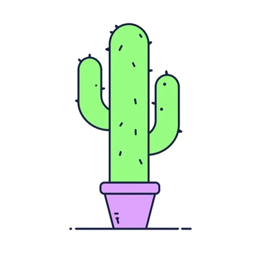 A cactus is centered in the image, featuring simple, straight lines that outline its shape and spines. The cactus is tall and slender, with a few prominent upward-reaching arms. It is placed in a small pot, which has a circular shape and textured surface. The pot sits on a flat surface, with a clean backdrop that emphasizes the cactus's form. The overall composition highlights the simplicity and geometry of the cactus and its pot.