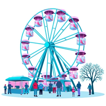 A Ferris wheel with candy cane-shaped cabins at a winter fair