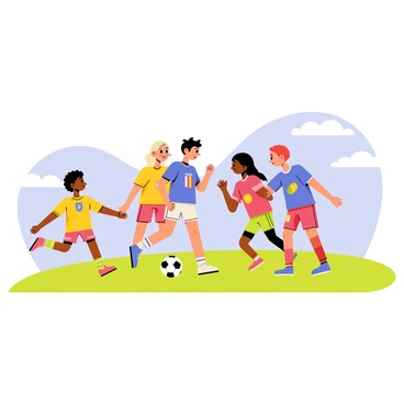 A group of five children from different cultures playing soccer on a grassy field. Each child has distinct features; one has curly black hair, another has straight blonde hair, a third has wavy brown hair, the fourth has braided hair, and the fifth has short red hair. They are wearing colorful jerseys representing their respective countries. The child with curly black hair is dribbling the ball, while the others are actively supporting and strategizing around them. In the background, a bright blue sky and a few fluffy clouds provide a cheerful atmosphere.