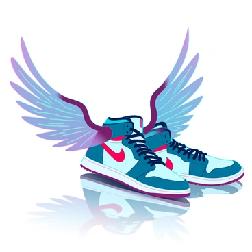 A pair of Air Jordans with a sleek design and vibrant colors, prominently displayed. Attached to the sneakers are large, intricately detailed wings that spread outward, featuring a mix of colors and patterns that represent flight and freedom. The shoes are positioned on a reflective surface, showcasing their unique features and the dynamic appearance of the wings. Light casts shadows that emphasize the texture of both the sneakers and the wings.