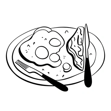 A black-and-white illustration of a breakfast plate featuring two perfectly cooked eggs placed beside several strips of crispy bacon. A piece of golden-brown toast is positioned next to the eggs, with a small pat of butter melting on top. The plate is adorned with a sprinkle of herbs for added texture. A fork and knife are neatly placed beside the plate.