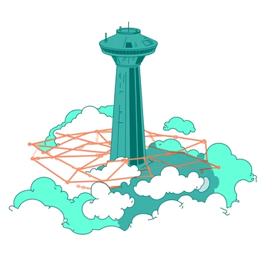 A teal watchtower stands tall above the clouds, surrounded by a vast expanse of white mist. The tower features a sleek, modern design with wide windows reflecting the light. Below the watchtower, a network of intricate orange digital connections spreads out like a web, pulsating with light and energy. The connections weave through the clouds, forming a vibrant landscape that showcases a blend of technology and nature. The scene captures the essence of surveillance and connectivity from this elevated vantage point.