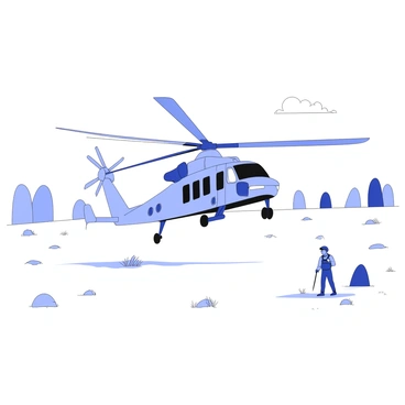 A military helicopter is descending towards the ground in a field during a training exercise. The helicopter has a powerful rotor system, visible landing gear, and military insignia on its fuselage. The blades are in motion, creating a dynamic appearance. Below, the field is dotted with patches of grass and a few scattered rocks. In the background, there are distant trees framing the scene, and a clear sky overhead. A few personnel are positioned nearby, wearing tactical gear and observing the landing.