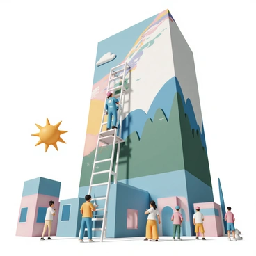 A Goliath artist, wearing a blue paint-splattered jumpsuit and a red cap, is standing on a large scaffolding. He is painting a vibrant mural on the side of a massive building, which towers high above the surrounding cityscape. The artist holds a large paintbrush, with streaks of bright colors on the wall, depicting a colorful landscape filled with trees, mountains, and a sky with fluffy clouds. Below, a small crowd of people watches in awe, taking pictures of the artwork as it comes to life. The sun is shining brightly, illuminating the scene with a warm glow.
