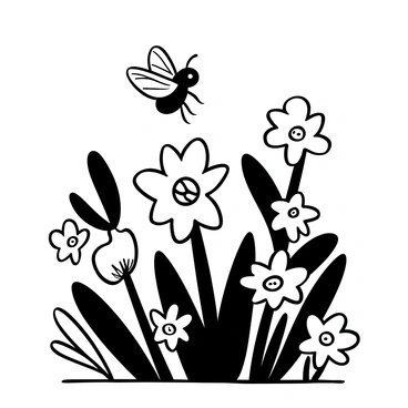 A "busy bee" hovering above a "daffodil" with its petals widely open. The bee is positioned mid-flight, its wings detailed with intricate patterns. Surrounding the daffodil, various other flowers bloom in a variety of shapes and sizes, creating a vibrant spring garden atmosphere. The scene shows lush greenery and a sense of abundant life, with leaves and flower stems filling the background.