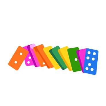 A vibrant array of colorful dominos stands in a straight line, each domino featuring a distinct and intricate pattern. The dominos are made of polished wood and have bright finishes, showcasing designs such as polka dots, stripes, and geometric shapes. The first domino is slightly tilted, about to fall and initiate the cascade. As the line progresses, each domino is captured in a moment of tipping over, creating a dynamic visual of motion. The background is simple to emphasize the colorful dominos, enhancing the focus on the unique patterns and the chain reaction of falling pieces.