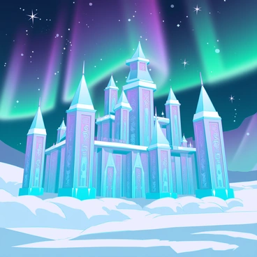 A grand palace made of shimmering ice and snow, with towering spires and intricate carvings that reflect the vibrant colors of the northern lights overhead. The palace has a crystalline facade that sparkles, casting prismatic glimmers on the surrounding snowy landscape. The northern lights create a mesmerizing aurora in the night sky, with waves of green, purple, and blue illuminating the scene. Snowflakes gently fall around the palace, adding to the ethereal atmosphere. The ground is covered in a thick layer of fresh snow, with delicate patterns formed by the wind.