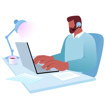 An agent is seated at a modern desk, skillfully typing on a laptop keyboard with both hands. The agent is wearing a headset, with a microphone positioned near the mouth area. The agent's posture is focused and attentive, emphasizing their multitasking ability. Papers with notes and a coffee mug are placed on the desk, adding to the work environment. A soft glow from a desk lamp illuminates the scene, providing a warm ambiance.