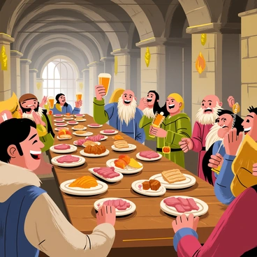A stone hall with large, sturdy pillars and a high ceiling, filled with dwarves celebrating around a long wooden table. Gimli, a dwarf with a braided beard, is raising a goblet filled with ale, surrounded by fellow dwarves who are laughing and cheering. Plates piled high with roasted meats and freshly baked bread are scattered across the table. Decorative banners and shields hang on the walls, and a warm glow of torches lights up the scene. Some dwarves are playing music, while others are engaged in animated conversation, creating a lively atmosphere of camaraderie and festivity.
