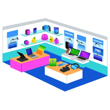 A modern electronics store showcasing various tech gadgets. There are sleek smartphones displayed on glass shelves, each with vibrant screens. Laptops with thin designs and colorful skins are arranged on tables, highlighting their high-resolution displays. Smartwatches with rounded faces and interchangeable bands are prominently featured. A section is dedicated to virtual reality headsets, each with a unique design and bold colors. Drones with shiny exteriors are showcased on a rotating display. The store is well-lit, creating a bright and inviting atmosphere. Posters featuring "latest tech" slogans decorate the walls.