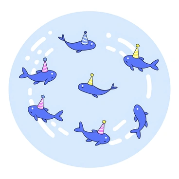 A group of small minnows swimming in circular patterns in the water. Each minnow is wearing a tiny colorful party hat. The background features gentle ripples on the surface of the water, creating a lively atmosphere for the celebration. The minnows are arranged in a way that emphasizes their playful movement.