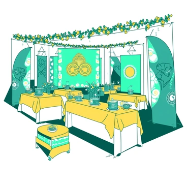 A vibrant collection of banners in various shapes and sizes is displayed throughout the venue, each featuring intricate designs and patterns. The banners are predominantly colored in teal and yellow, creating a festive atmosphere. Around the banners, there are decorative garlands made of fresh flowers and colorful paper streamers hanging from the ceiling. Tables are adorned with yellow tablecloths, and on each table, there are teal centerpieces that include small flower arrangements and candles. The overall scene exudes joy and celebration, capturing the essence of the Upanayanam event.