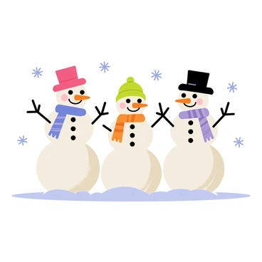 A family of snowmen with hats and scarves standing in a snowy field