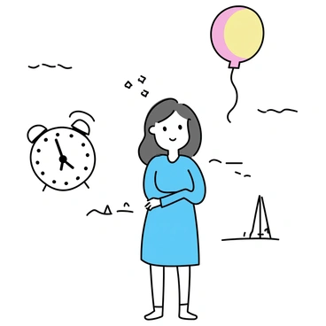 A woman with long brown hair, wearing a light blue dress, stands in the center of the image. She has a puzzled expression on her face as she gazes at several objects around her. To her left, a vintage clock with its hands spinning wildly is partially faded, while to her right, a colorful balloon floats upward, its colors beginning to blur. In the background, vague outlines of trees and a distant landscape can be seen, gradually fading into a soft, muted color.