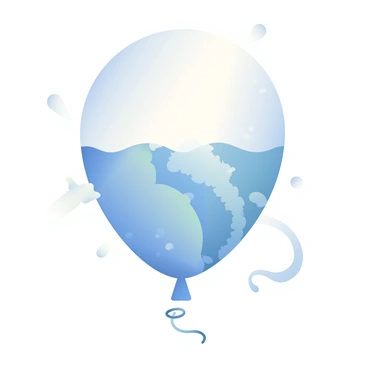 A clear balloon filled with water is suspended in mid-air, its surface stretched tightly as it prepares to burst. The water inside is swirling with motion, reflecting light and creating small glimmers. Surrounding the balloon are droplets of water that have begun to form on its surface, hinting at the immense pressure within. In the background, there is a subtle indication of movement, suggesting the energy building up inside the balloon before it releases.