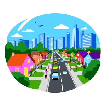 A vibrant cityscape transitioning from a small town to a bustling metropolis. On the left side, there are quaint, colorful houses with flower boxes and picket fences, surrounded by trees and a clear blue sky. As the scene progresses to the right, the houses give way to larger buildings with glass facades and bright neon signs. In the center, busy streets are filled with cars and pedestrians, showcasing a mix of office buildings and shops. At the far right, a series of towering skyscrapers rise into the sky, their reflections glimmering in the sunlight. Birds can be seen soaring above the skyline, and small clouds dot the sky.