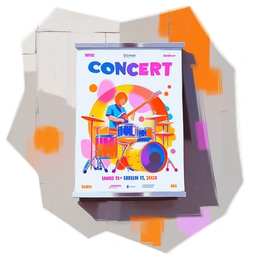 A poster is prominently displayed on a textured wall, advertising an upcoming concert by a band. The poster features bold, colorful graphics with intricate patterns and dynamic shapes. The band's name is prominently placed at the top in large, eye-catching letters. Below the band name, the date and time of the show are clearly indicated. There are illustrations of musical instruments, such as a guitar and drums, alongside abstract designs that convey energy and excitement. The overall composition is lively and draws attention, inviting passersby to take notice of the event.