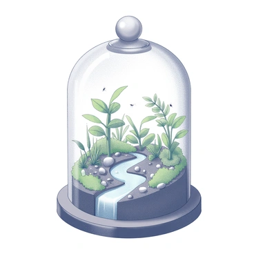 A glass cloche is placed over a small, thriving ecosystem. Inside, various plants are arranged, each with distinct shapes and sizes, contributing to the lush greenery. Small insects can be seen crawling among the plants, some hovering above the foliage. A tiny stream flows gently through the landscape, its banks lined with pebbles and moss. The water glistens as it meanders, reflecting the delicate surroundings. The entire scene is contained within the transparent structure of the cloche, emphasizing the intricate details of this miniature ecosystem.