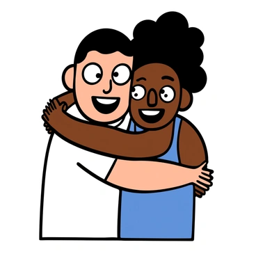 Close-up of a light-skinned male player with big eyes and short black hair, and a dark-skinned female player with big eyes and curly hair. The male player is wearing a white sports jersey, and the female player is wearing a blue sports tank top. They are embracing each other joyfully, with wide smiles on their faces. The scene captures their excitement and camaraderie after winning a match point, with their arms wrapped around each other in celebration.