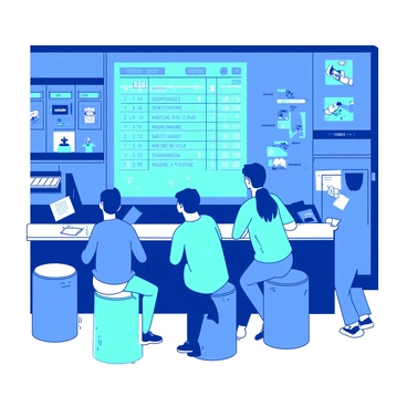 A large blue screen displays odds and results in a busy sports betting shop. The screen is filled with numbers and vibrant graphics showing various sports events. In the foreground, there are several customers, some sitting on teal stools, intensely watching the screen. A tall white counter filled with betting slips and cash is visible behind them. The shop is filled with posters of different sporting events hanging on the walls, adding to the lively atmosphere.