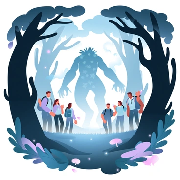 A group of explorers stands in a dark forest, surrounded by towering, shadowy trees with twisted branches. The explorers are equipped with backpacks and flashlights, their poses showing a mix of apprehension and curiosity. In the center of the scene, a mythical creature emerges, its form obscured by the dim light. The creature has elongated limbs and a textured body, covered in moss and foliage, blending into its surroundings. The forest floor is littered with fallen leaves and strange glowing fungi, adding an eerie atmosphere. A faint mist weaves through the trees, enhancing the sense of mystery and tension in the composition.