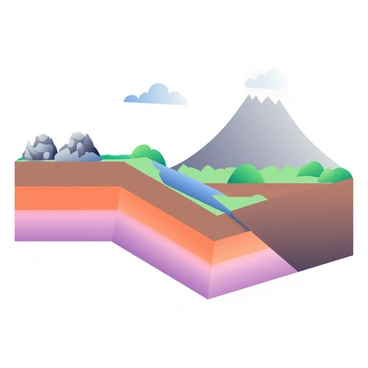 An illustration depicts a geological scene featuring a normal dip slip fault next to a volcano. The fault line is clearly marked, showcasing the displacement between the two sides. On one side of the fault, there are rugged rock formations with exposed layers, while the other side shows a gentle slope leading to the base of the volcano. The volcano rises prominently in the background, with a conical shape and a rounded summit, exhibiting hints of volcanic rock and patches of green vegetation at its base. A few small clouds are scattered in the sky above the volcano, and there is a clear separation of sediment deposits around the fault area, emphasizing the geological processes at play.