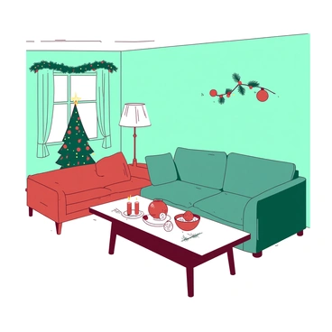 A small apartment features a comfortable living area with a soft couch and a wooden coffee table. Light teal walls are adorned with modest holiday decorations, including a few simple garlands and a small tree in the corner. The tree is decorated with red ornaments and twinkling white lights. A warm glow emanates from a lamp with a soft white shade, casting gentle light across the room. On the coffee table, there are a couple of holiday-themed candles and a small bowl filled with festive treats. The atmosphere feels inviting and homely, perfect for the holiday season.