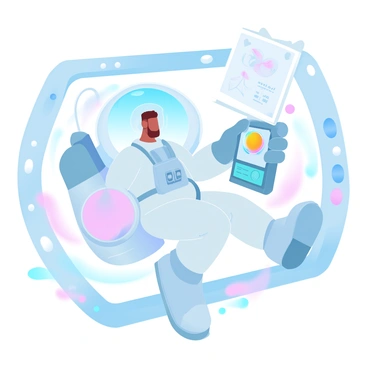 An astronaut in a space station is floating with a digital tablet in hand. The astronaut is wearing a white space suit with a reflective visor and is surrounded by various pieces of equipment and floating tools. Glowing screens and buttons illuminate the interior of the space station. A vibrant view of Earth can be seen through a large window behind the astronaut. The digital tablet displays a colorful illustration request, showcasing sketches and bright designs.