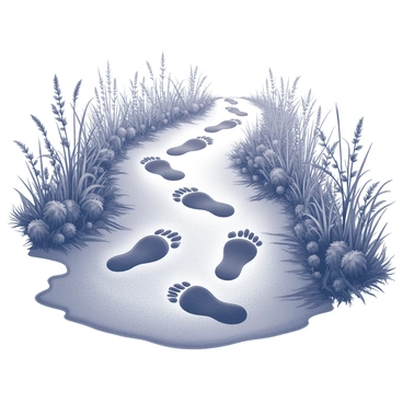 A series of deer hoofprints imprinted in wet mud. The prints are distinctly shaped, showing details of the hooves. They lead through a dense undergrowth filled with various plants and foliage. The undergrowth consists of tall grasses and small bushes, creating a natural pathway. Surrounding the prints, the mud is slightly disturbed, indicating recent movement through the area. The scene conveys a sense of wildlife activity in a natural environment.