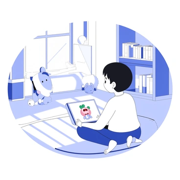 A child playing with a virtual pet displayed on a tablet screen in a sunny room