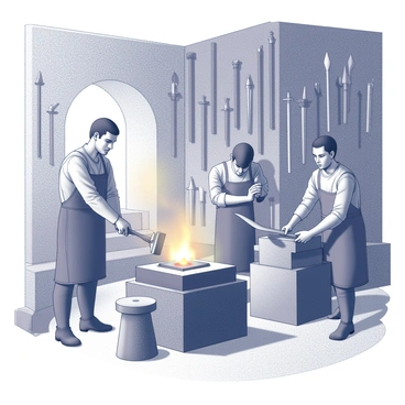 Several craftsmen are depicted in an ancient workshop. They are focused on creating iron weapons, such as swords and spears. One craftsman stands at a forge, with a glowing hearth in front of him, shaping a heated piece of iron with a hammer. He wears a leather apron and has a concentrated expression. Another craftsman is carefully sharpening a sword on a large stone wheel, using both hands for precision. Various tools, such as tongs and anvils, are scattered around the workspace. The walls of the workshop are made of rough stone, filled with hanging weapons and tools, adding to the historical atmosphere. The light from the forge casts shadows across the scene, highlighting the artisans' dedication to their craft.