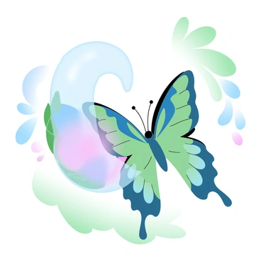 A butterfly with vibrant, multicolored wings is emerging from a transparent chrysalis. The wings are slightly damp and still opening for the first time, showing intricate patterns and gradients. The chrysalis is attached to a green leaf, glistening in the soft light. The background features blurred foliage in various shades of green, enhancing the focus on the butterfly and the chrysalis.