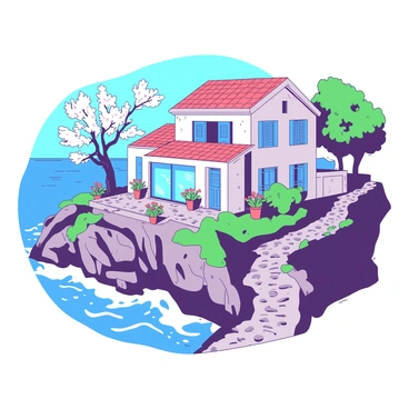 A white-washed Mediterranean villa with a red-tiled roof is perched on a rocky cliff, overlooking the blue sea. The villa features large windows with blue shutters and a terrace adorned with vibrant potted plants. Surrounding the villa, several olive trees with silvery leaves create a lush green contrast. The sunlight casts gentle shadows, enhancing the serene environment. A pathway lined with small stones leads from the villa down toward the edge of the cliff, where the waves crash against the rocks below.