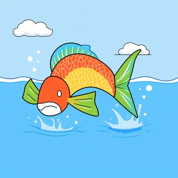 A colorful fish with bright rainbow-colored scales is leaping out of a clear blue body of water. The scales shimmer in the sunlight, reflecting various hues across its surface. Water droplets are spray up around the fish as it dives back into the water. The background features gentle waves and a few fluffy clouds in a vibrant blue sky. The scene captures the lively motion of the fish and the sparkling effect of the sunlight on its scales.
