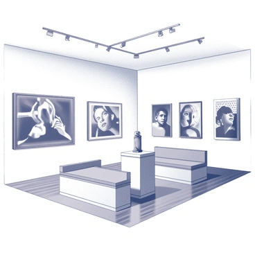 A gallery room with white walls and a polished wooden floor. The space is filled with several large pop art pieces, featuring bold designs and patterns. Each artwork is framed, showcasing various themes and expressions. In the center of the room, a minimalist art display stand holds a small sculpture. The ceiling has strategically placed lighting that highlights the vivid details and textures of the art pieces. There are a few benches along the walls for viewers to sit and appreciate the art.