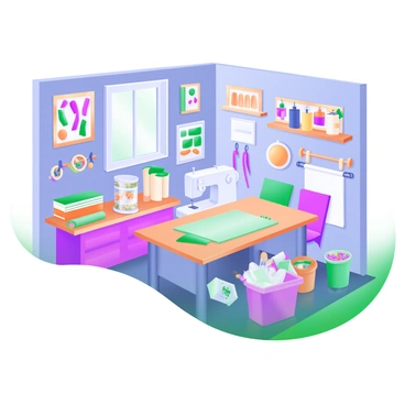 An isometric illustration of a craft room filled with various supplies for different projects. The room features a large crafting table in the center, surrounded by stacks of colorful papers, rolls of fabric, and jars filled with buttons. On one side, there is a shelf holding an array of paint tubes and brushes, alongside a sewing machine. The walls are adorned with craft-themed decorations, including framed artwork made from paper and fabric, and ribbons hanging from hooks. Brightly colored bins are organized neatly on the floor, and a window allows light to stream in, illuminating the vibrant decor.