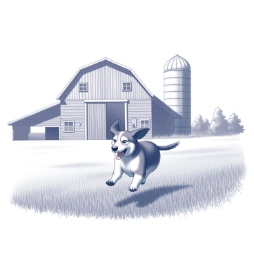 A dog is sprinting energetically across an expansive field of tall grass. Its ears are flapping in the wind as it moves, showcasing a sense of freedom and joy. In the background, there is a rustic barn with weathered wooden planks and a large silo standing tall beside it. The barn has a wide door and several small windows that reflect the surrounding landscape. The sky overhead is clear and open, completing the rural scene.