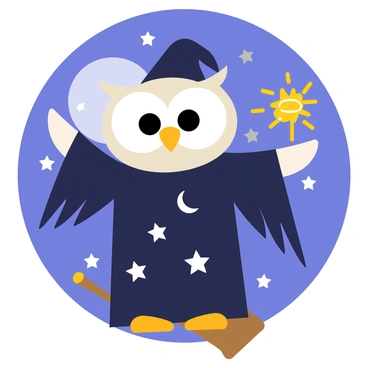A cartoon owl with large, expressive eyes is dressed in a dark blue wizard's robe adorned with silver stars and crescent moons. The owl stands on a branch, its wings outstretched as it casts a spell. In one of its wings, it holds a glowing wand that emits bright, swirling sparkles of light. The background features a moonlit night sky filled with twinkling stars, creating an enchanting atmosphere around the owl.