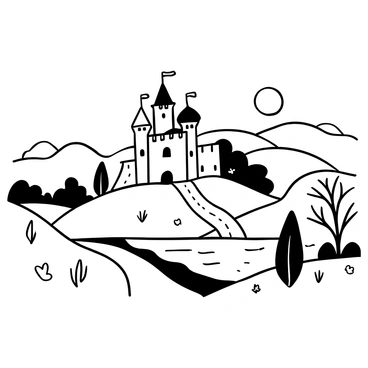 A large castle with tall turrets and strong walls is situated atop a hill. The hill is covered in lush grass and dotted with small wildflowers. Surrounding the hill is a winding river that reflects the landscape. There are gently rolling hills in the background, and a few trees with intricate branches stand nearby. In the foreground, a dirt path leads up to the castle, and a distant sunrise casts soft shadows over the scene.