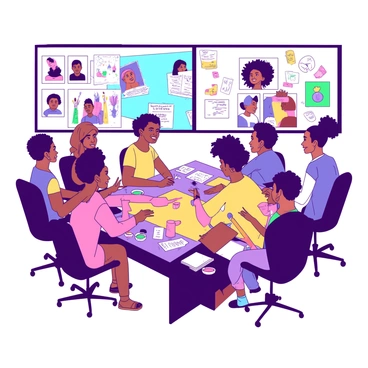 A group of diverse artists from different countries is seated around a virtual conference table displayed on a large screen. Each artist's face is visible on the screen, showcasing various ethnic backgrounds and styles. They are engaged in animated discussion, with colorful sketches and digital art appearing beside them on the screen. The background of the conference room is filled with vibrant art supplies, such as paint tubes and brushes. Sticky notes with ideas and concepts are scattered around the table, highlighting their brainstorming process. The atmosphere is energetic and collaborative, emphasizing creativity and cultural exchange.