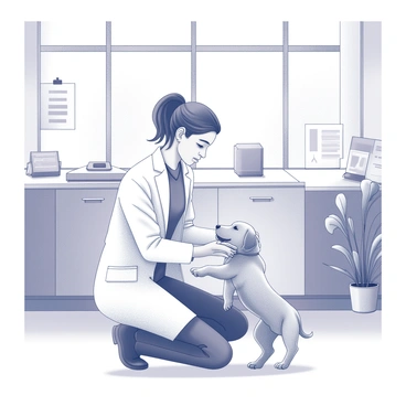 A veterinarian is kneeling down, closely examining a small, playful puppy. The puppy is wagging its tail, displaying excitement. The veterinarian is wearing a white coat and has a gentle expression. The clinic space is bright, featuring large windows that allow natural light to flood in. Equipment such as a scale, medical instruments, and charts are visible in the background, showcasing the professional environment. The floor is tiled, and there are plants in the corners, adding to the lively atmosphere.