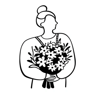 A close-up of a bride holding a bouquet filled with various flowers. The bride's hair is elegantly styled with delicate strands falling gracefully. She wears a beautiful wedding dress with intricate lace details. The bouquet is positioned prominently in her hands, showcasing the flowers in full detail. A soft background accentuates the bride and bouquet, creating a focused scene.